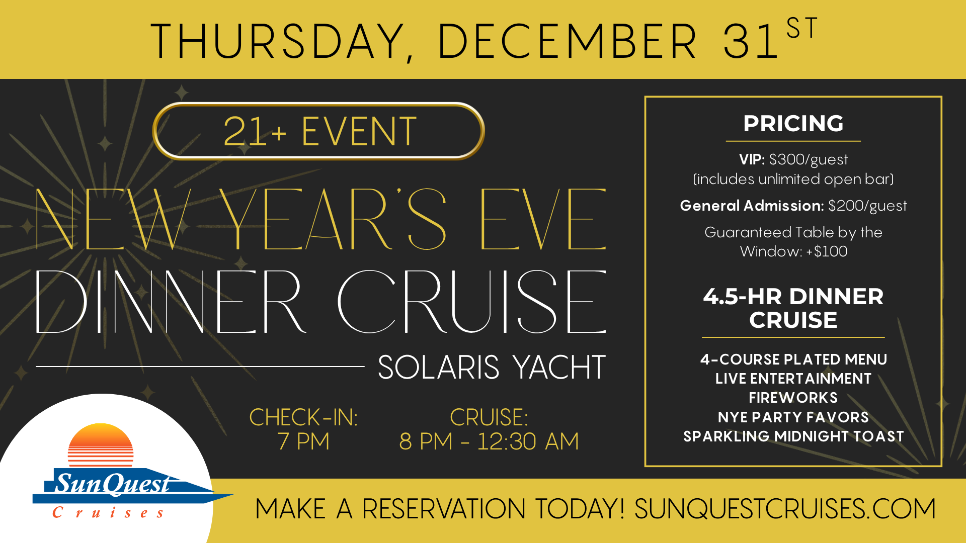 New Year's Eve 2026 event information for SunQuest Cruises SOLARIS Dinner Cruise